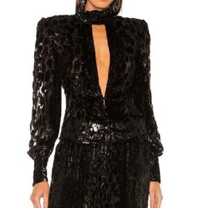 DUNDAS x Revolve Black Size Small Hendrix Flocked Velvet  Statement Blouse Top